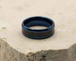 Blue Tungsten Ring With Carbon Fibre Stripe - Bevelled Edges | 8mm