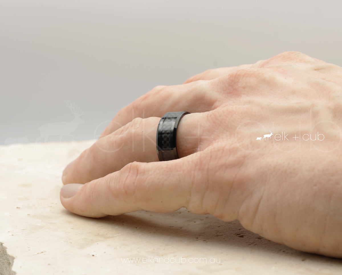 Black Tungsten Ring With Carbon Fibre | Mens Ring | Elk and Cub | 8mm