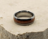 Silver Tungsten Ring With Koa Wood Stripe - Curved With Gloss Finish | 8mm