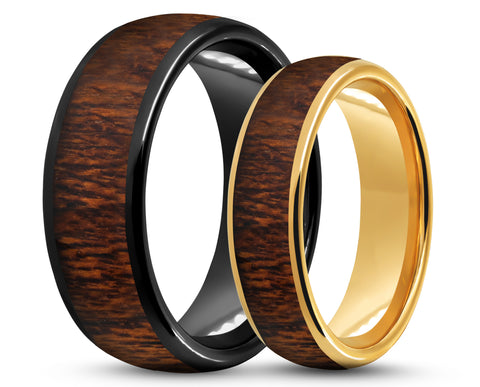 RING SET – Curved Tungsten With Koa Wood – MADE TO ORDER