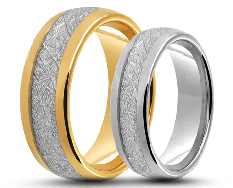 RING SET – Curved Tungsten With Meteorite – MADE TO ORDER