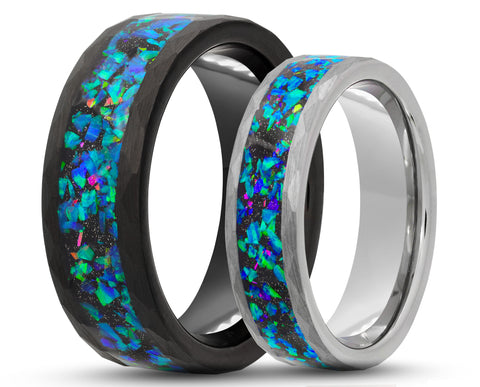 RING SET – Hammered Tungsten With Crushed Opal – MADE TO ORDER