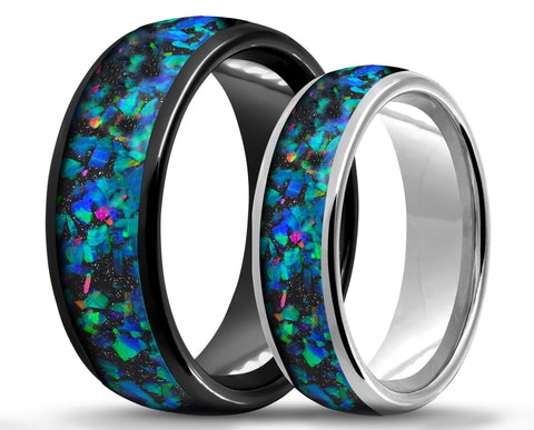 RING SET – Curved Tungsten With Crushed Opal – MADE TO ORDER