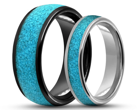 RING SET – Curved Tungsten With Turquoise – MADE TO ORDER