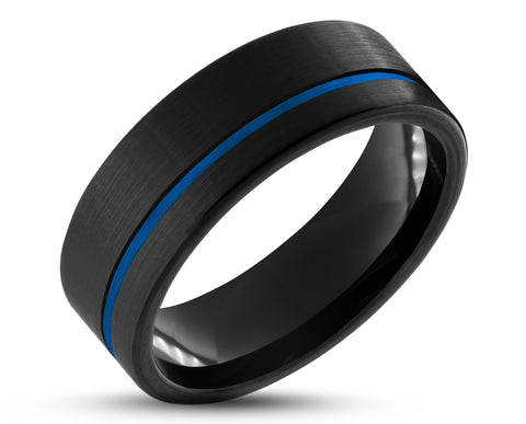 Black Tungsten Ring With Black Inlay - Brushed With Blue Stripe | 8mm