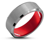 Silver Tungsten Ring With Red Inlay - Bevelled Gloss Edges | 8mm