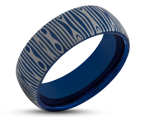 Silver Tungsten Ring With Blue Inlay - Curved Damascus Pattern | 8mm