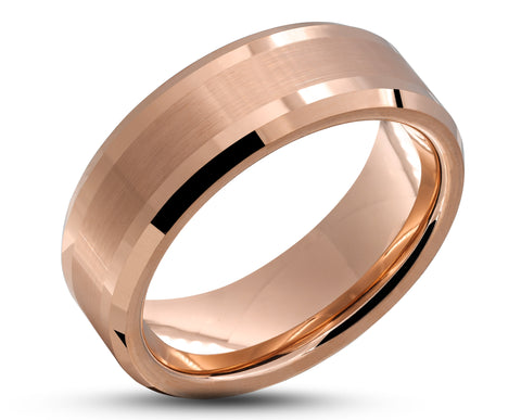 Rose Gold Tungsten Ring With Rose Gold Inlay - Bevelled Edges | 8mm