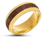 Gold Tungsten Ring With Koa Wood Stripe - Curved With Gloss Finish | 8mm