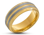 Gold Tungsten Ring With Gold Inlay - Dual Silver Brushed Stripes | 8mm