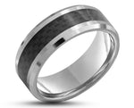 Silver Tungsten Ring With Carbon Fibre Stripe - Bevelled Edges | 8mm