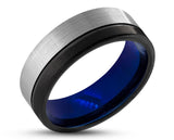 Silver and Black Tungsten Ring With Blue Inlay - Black Stripe | 8mm