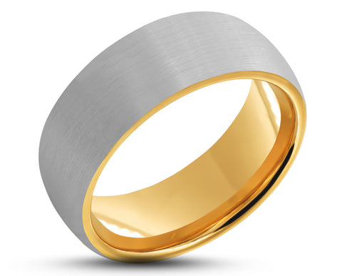 Silver Tungsten Ring With Gold Inlay - Curved Brushed Finish | 8mm