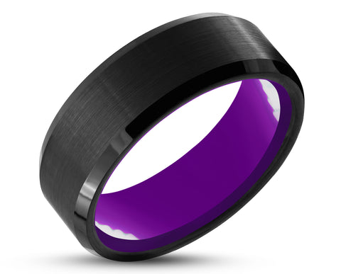 Black Tungsten Ring With Purple Inlay - Bevelled Edges | 8mm