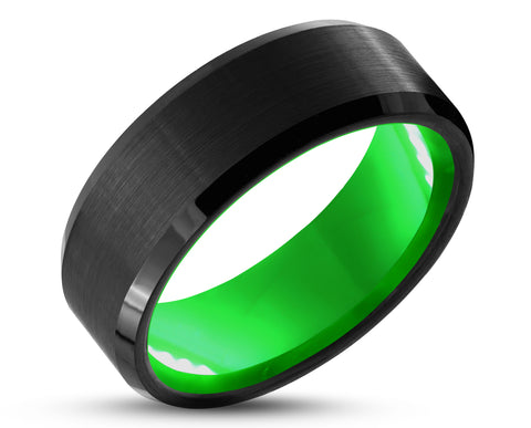 Black Tungsten Ring With Green Inlay - Bevelled Edges | 8mm