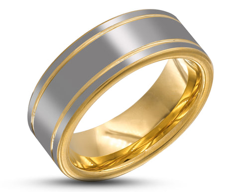 Silver Tungsten Ring With Gold Inlay - Gloss With Gold Stripes | 8mm