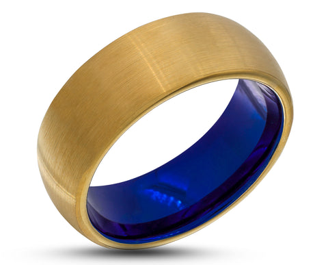 Gold Tungsten Ring With Blue Inlay - Curved Brushed Finish | 8mm
