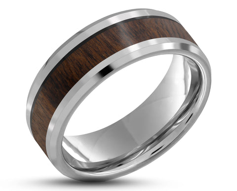 Silver Tungsten Ring With Koa Wood Stripe - Bevelled Edges | 8mm