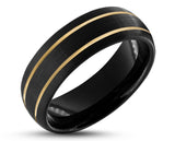 Black Tungsten Ring With Black Inlay - Brushed With Dual Gold Stripes | 8mm