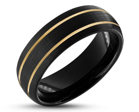 Black Tungsten Ring With Black Inlay - With Dual Gold Stripes | 8mm