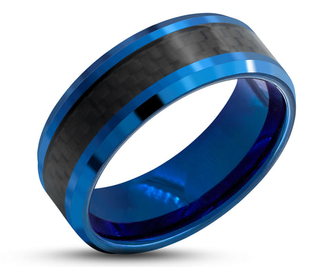 Blue Tungsten Ring With Carbon Fibre Stripe - Bevelled Edges | 8mm