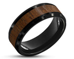 Black Tungsten Ring With Koa Wood Stripe - Bevelled Edges | 8mm