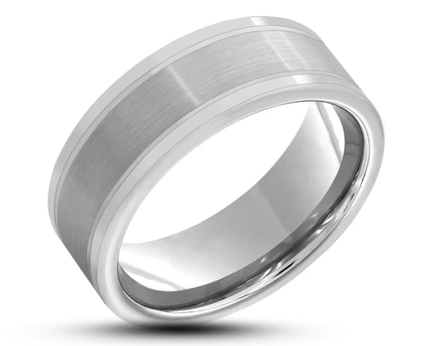 Silver Tungsten Ring With Brushed Silver Middle Stripe - Gloss Edges | 8mm