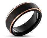 Black Tungsten Ring With Black Inlay - Rose Gold Stepped Edges | 8mm
