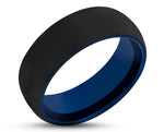 Black Tungsten Ring With Blue Inlay - Curved With Brushed Finish | 8mm