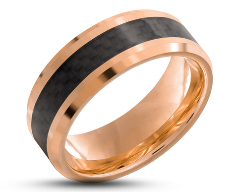 Rose Gold Tungsten Ring With Carbon Fibre - Bevelled Edges | 8mm