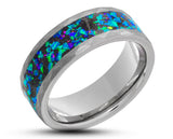 Silver Tungsten Ring With Opal - Hammered And Brushed Finish | 8mm