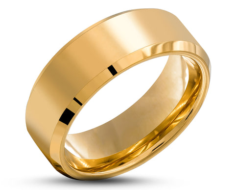 Gold Tungsten Ring With Gold Inlay - Bevelled Gloss Edges | 8mm