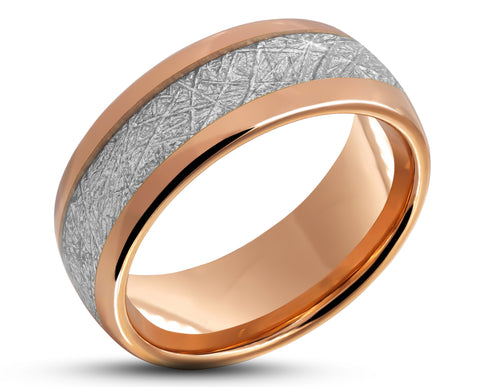 Rose Gold Tungsten Ring With Meteorite Stripe - Polished Finish | 8mm