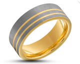 Silver Tungsten Ring With Gold Inlay - Brushed With Gold Stripes | 8mm