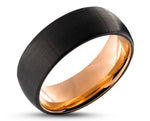 Black Tungsten Ring With Rose Gold Inlay - Curved With Brushed Finish | 8mm