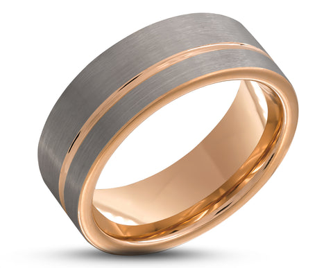 Silver Tungsten Ring With Rose Gold Inlay - Brushed Finish With Stripe | 8mm