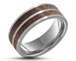 Silver Tungsten Ring With Dual Koa Wood Stripes - Gloss Finish | 8mm