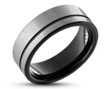Silver Tungsten Ring With Black Inlay - Brushed With Black Stripe | 8mm