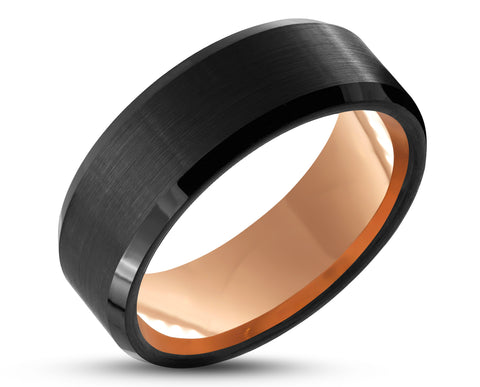Black Tungsten Ring With Rose Gold Inlay - Bevelled Edges | 8mm