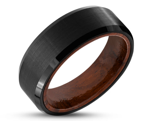 Black Tungsten Ring With Koa Wood Inlay - Brushed Finish | 8mm