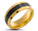 Gold Tungsten Ring With Carbon Fibre Stripe - Bevelled Edges | 8mm