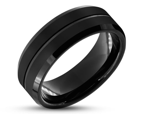 Black Titanium Ring With Black Inlay - With Middle Groove | 8mm