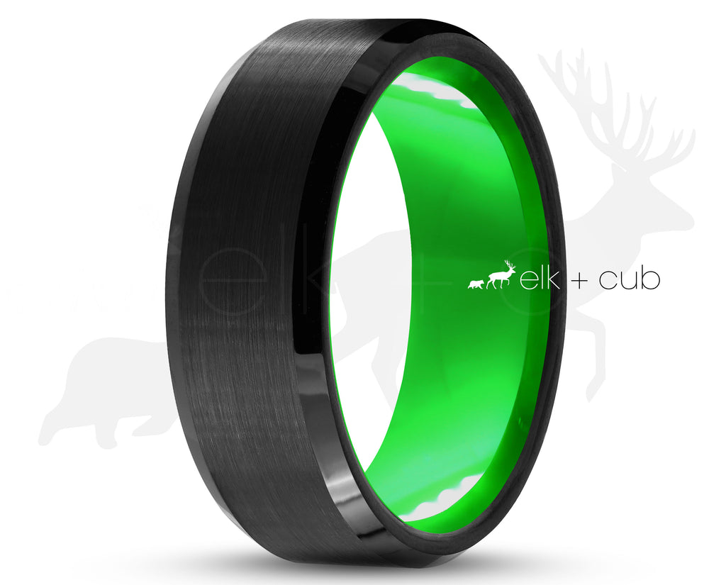 Black Tungsten Ring With Green Inlay Mens Wedding Ring Elk and Cub