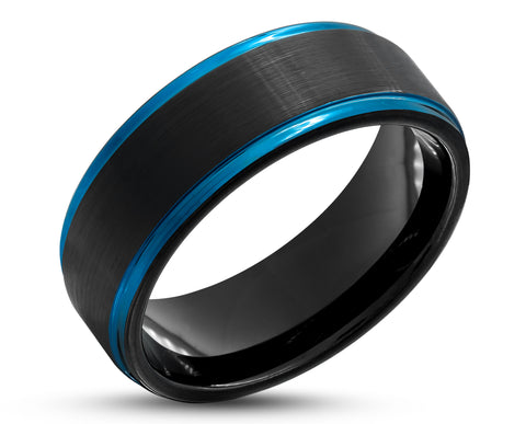 Black Tungsten Ring With Black Inlay - Blue Stepped Gloss Edges | 8mm