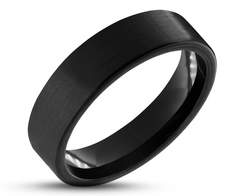 Black Tungsten Ring With Black Inlay - Brushed With Square Edge | 6mm