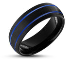Black Tungsten Ring With Black Inlay - Brushed With Dual Blue Stripes | 8mm