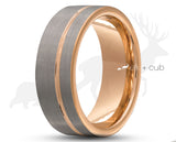 Silver Tungsten Ring With Rose Gold Inlay - Brushed Finish With Stripe | 8mm