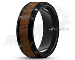 Black Tungsten Ring With Koa Wood Stripe - Bevelled Edges | 8mm