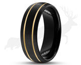 Black Tungsten Ring With Black Inlay - Brushed With Dual Gold Stripes | 8mm