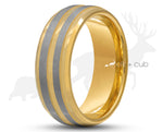 Gold Tungsten Ring With Gold Inlay - Dual Silver Brushed Stripes | 8mm